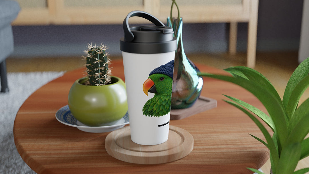 Parrot Beanie travel mug on a wooden table with a cactus, Zen Koala Australia
