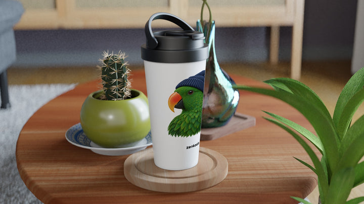 Parrot Beanie travel mug on a wooden table with a cactus, Zen Koala Australia