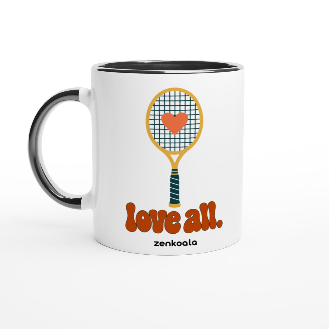 Love All mug in black: white with a black rim, inside and handle, Zen Koala Australia
