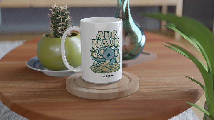 Aur Naur 15oz mug on a wooden table with a cactus, Zen Koala Australia