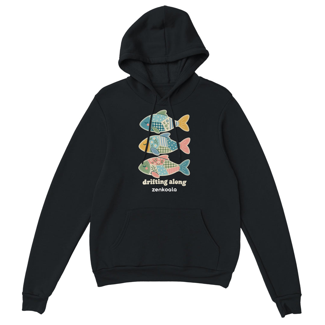 Drifting Along Fish feel-good hoodie in black, Zen Koala Australia