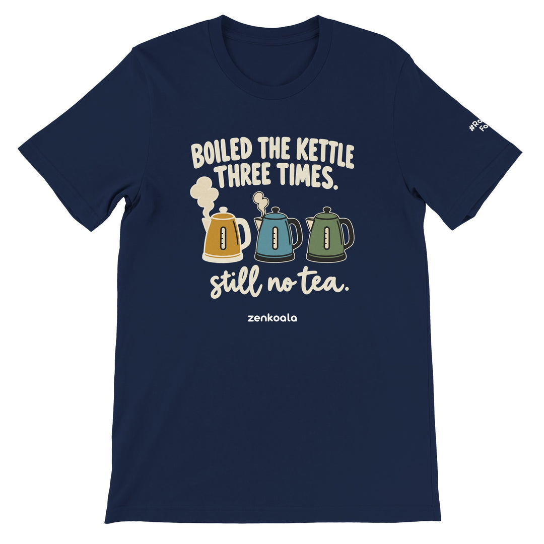 Boiled the Kettle Three Times feel-good tee in navy: three retro kettles and still no tea, Zen Koala Australia