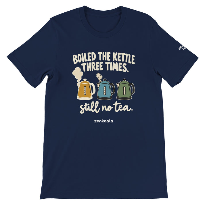 Boiled the Kettle Three Times feel-good tee in navy: three retro kettles and still no tea, Zen Koala Australia