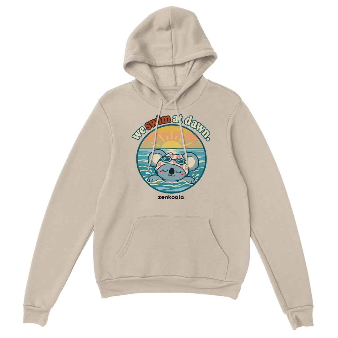 We Swim at Dawn feel-good hoodie in sand, Zen Koala Australia