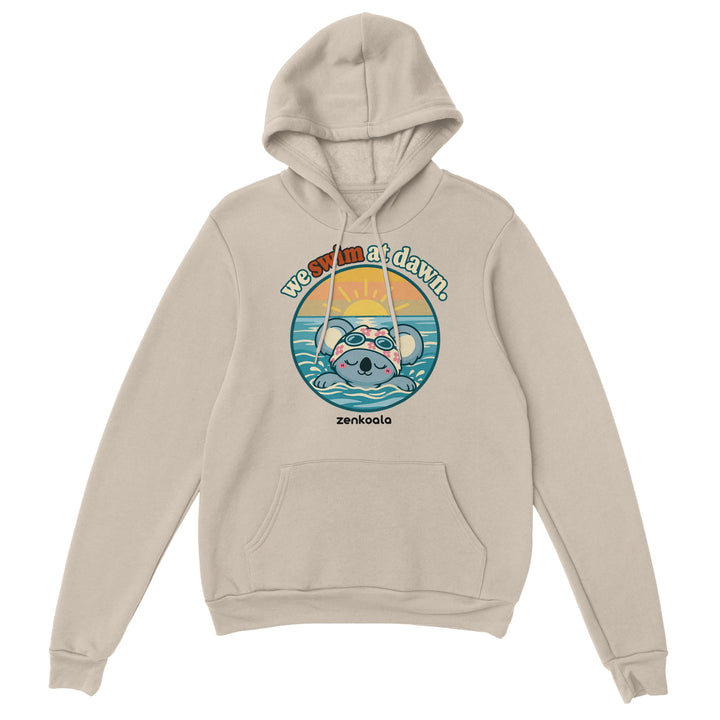We Swim at Dawn feel-good hoodie in sand, Zen Koala Australia