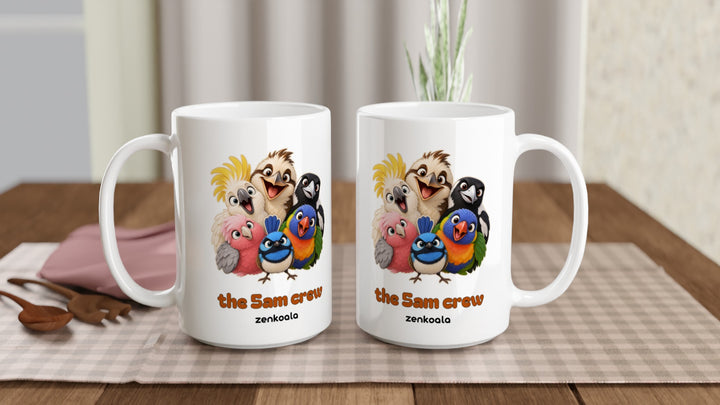 Two The 5am Crew 15oz mugs on a table, showing both sides of the design, Zen Koala Australia