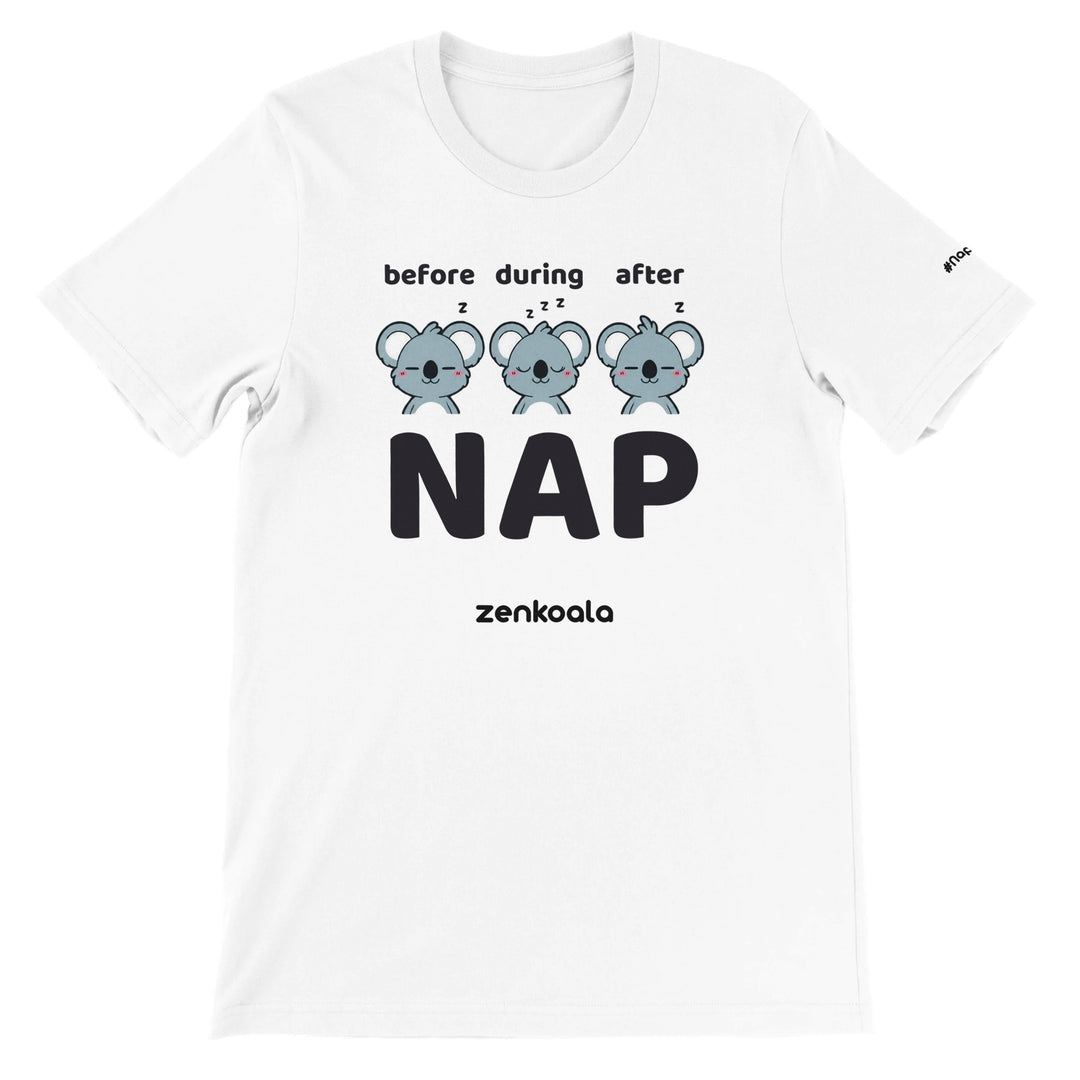 Before Nap Nap After Nap Koala feel-good tee in white — Zen Koala Australia