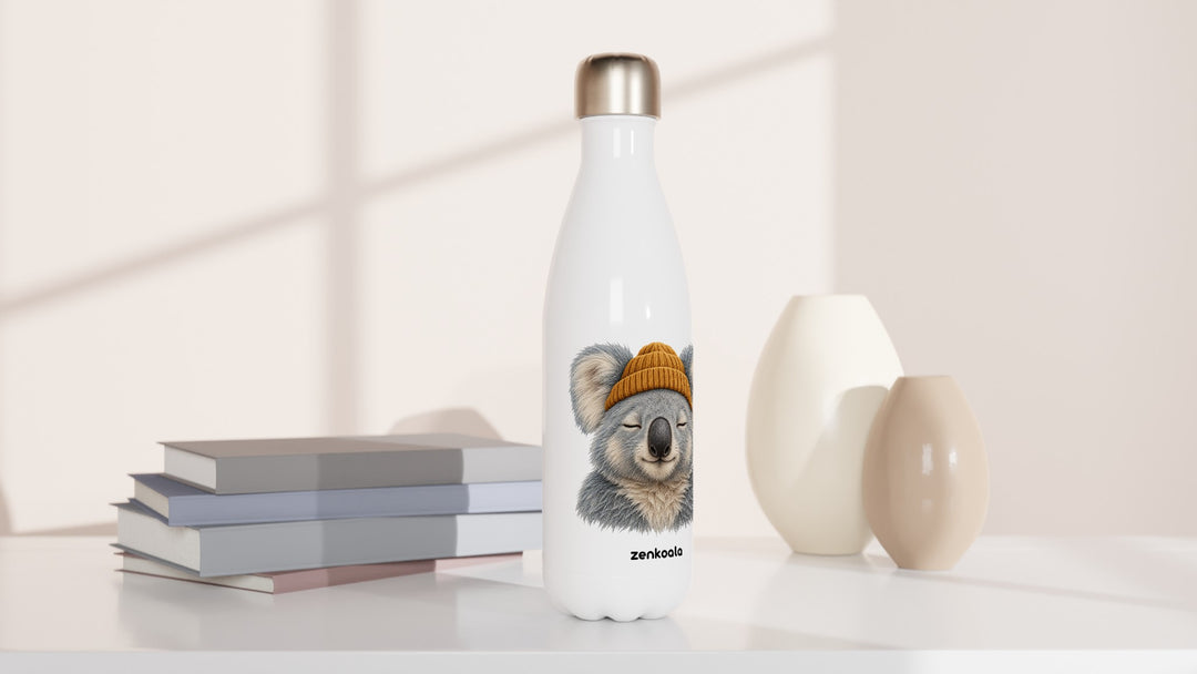 Koala Beanie water bottle beside books and vases, Zen Koala Australia