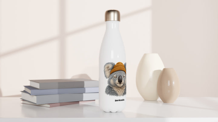 Koala Beanie water bottle beside books and vases, Zen Koala Australia