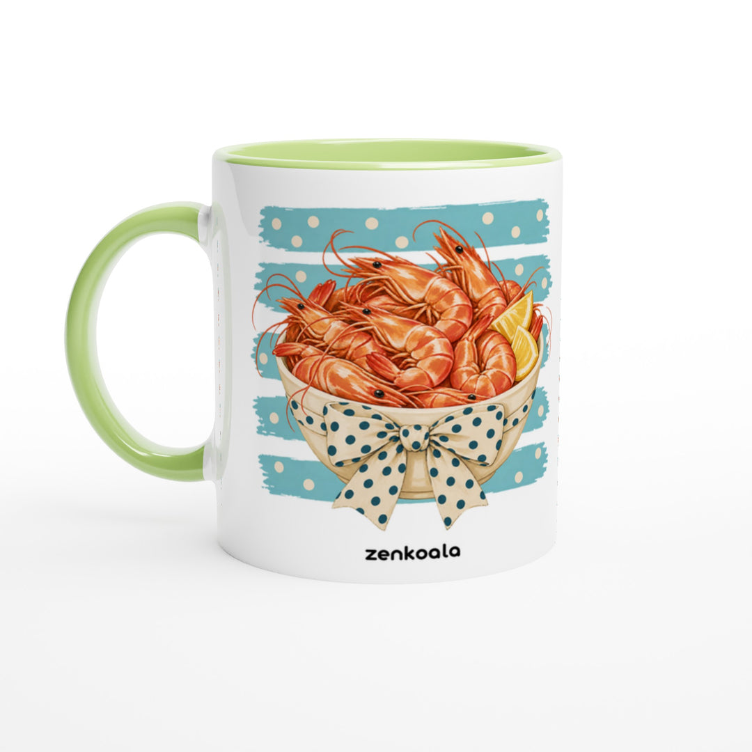 Prawns mug in green: white with a green rim, inside and handle, Zen Koala Australia