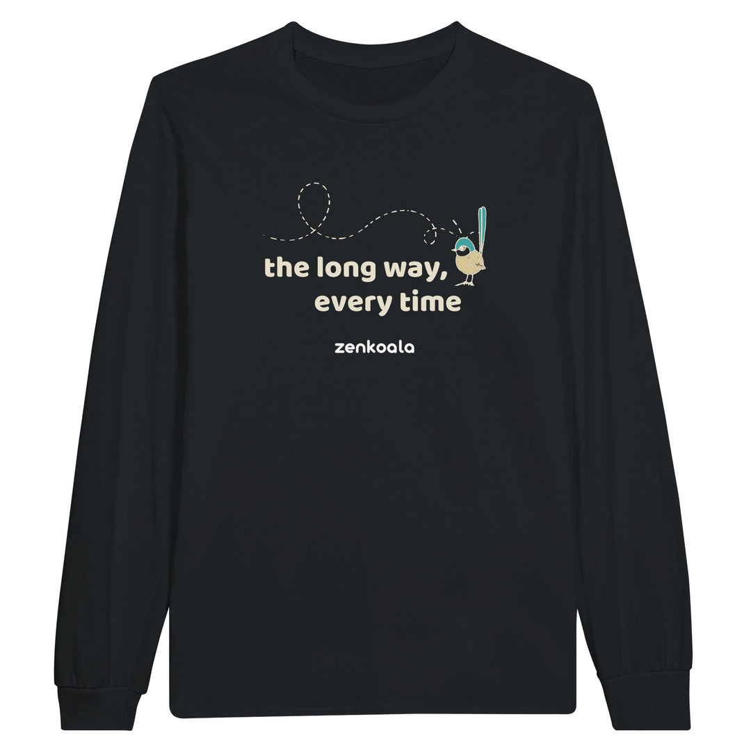 The Long Way Every Time feel-good long sleeve tee in black: a fairy-wren on a looping flight path, Zen Koala Australia