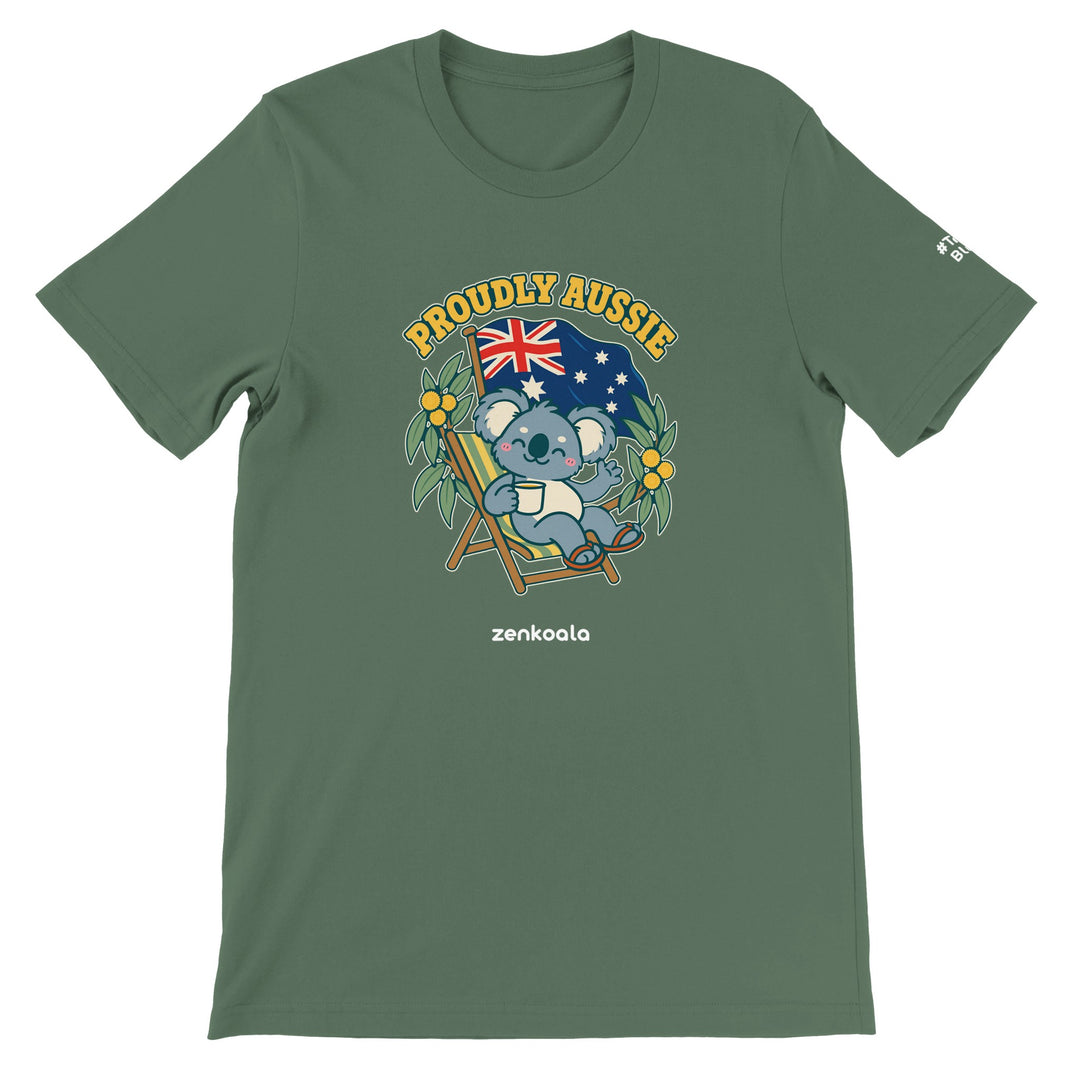 Proudly Aussie feel-good tee in military green, Zen Koala Australia