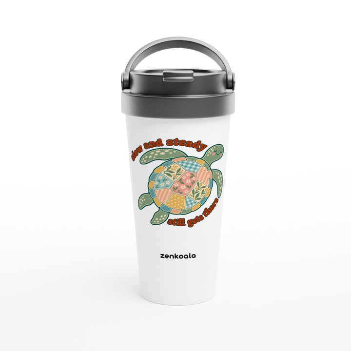 Slow and Steady Turtle feel-good travel mug: a faux patchwork sea turtle, Zen Koala Australia