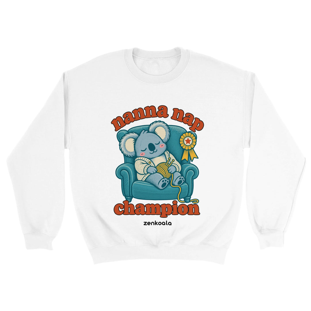 Nanna Nap Champion feel-good sweatshirt in white, Zen Koala Australia