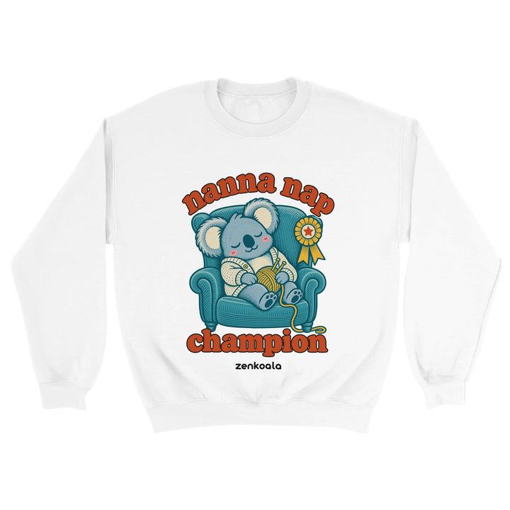 Nanna Nap Champion feel-good sweatshirt in white, Zen Koala Australia