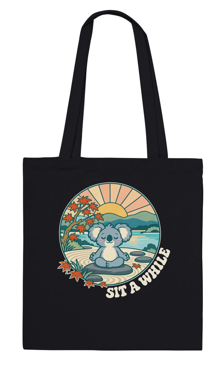 Sit a While feel-good tote bag in black, Zen Koala Australia