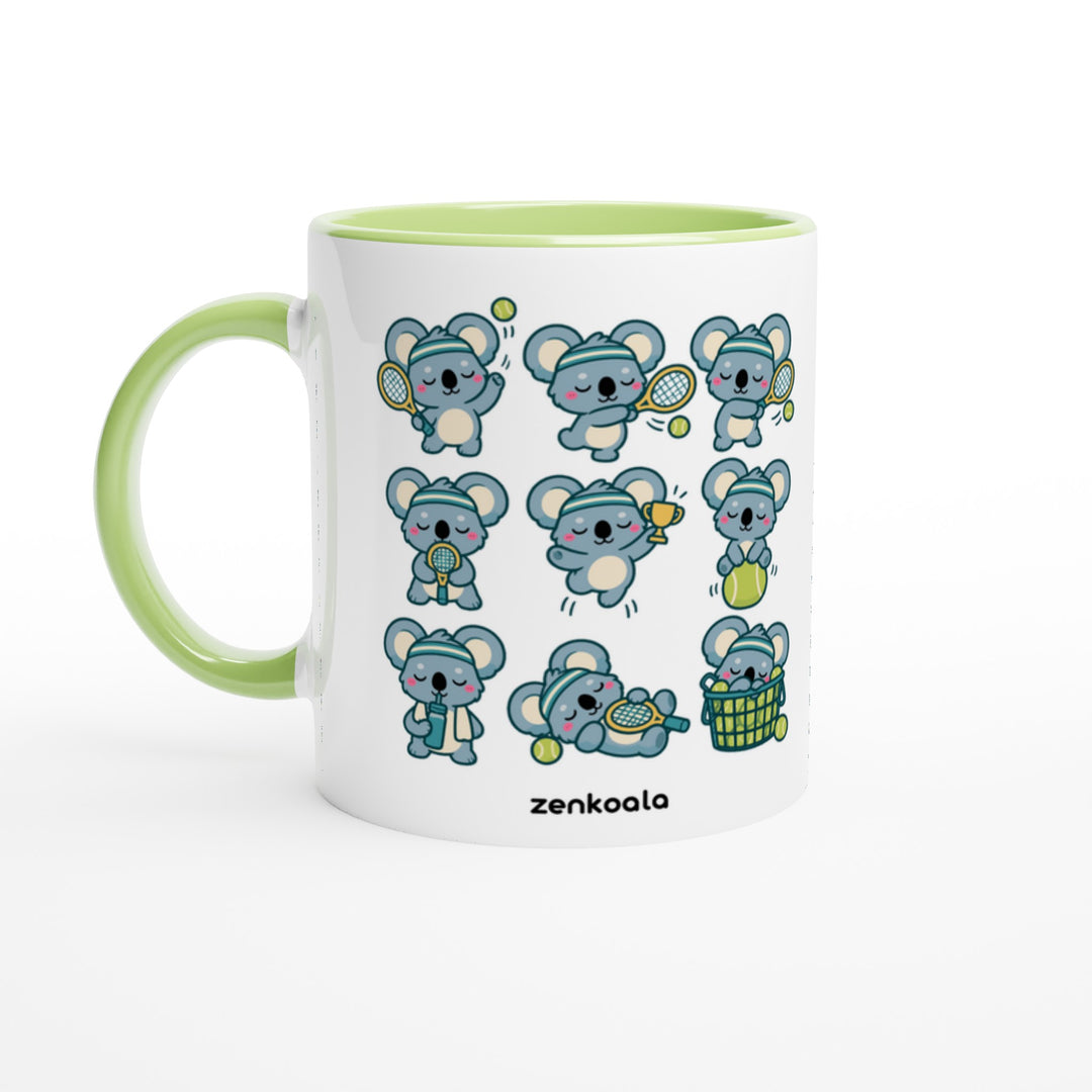 Tennis Koalas mug in green: white with a green rim, inside and handle, Zen Koala Australia