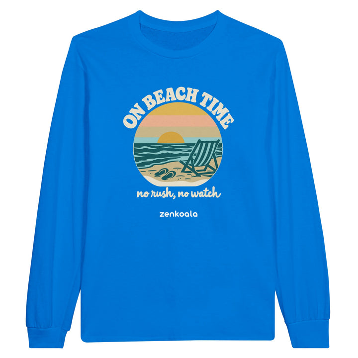 On Beach Time feel-good long sleeve tee in royal: a retro sunset beach with a deckchair, Zen Koala Australia