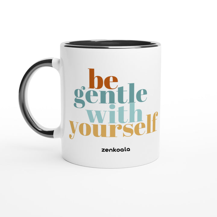 Be Gentle mug in black: white with a black rim, inside and handle, Zen Koala Australia