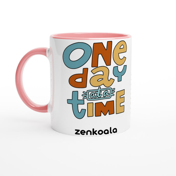 One Day at a Time mug in pink: white with a pink rim, inside and handle, Zen Koala Australia