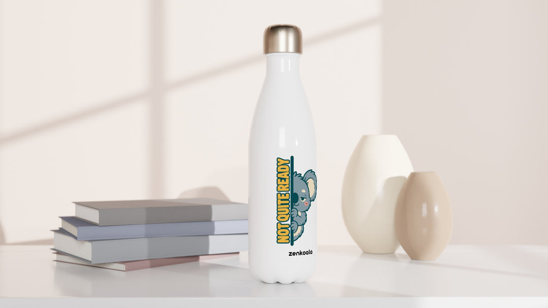 Not Quite Ready water bottle beside books and vases, Zen Koala Australia