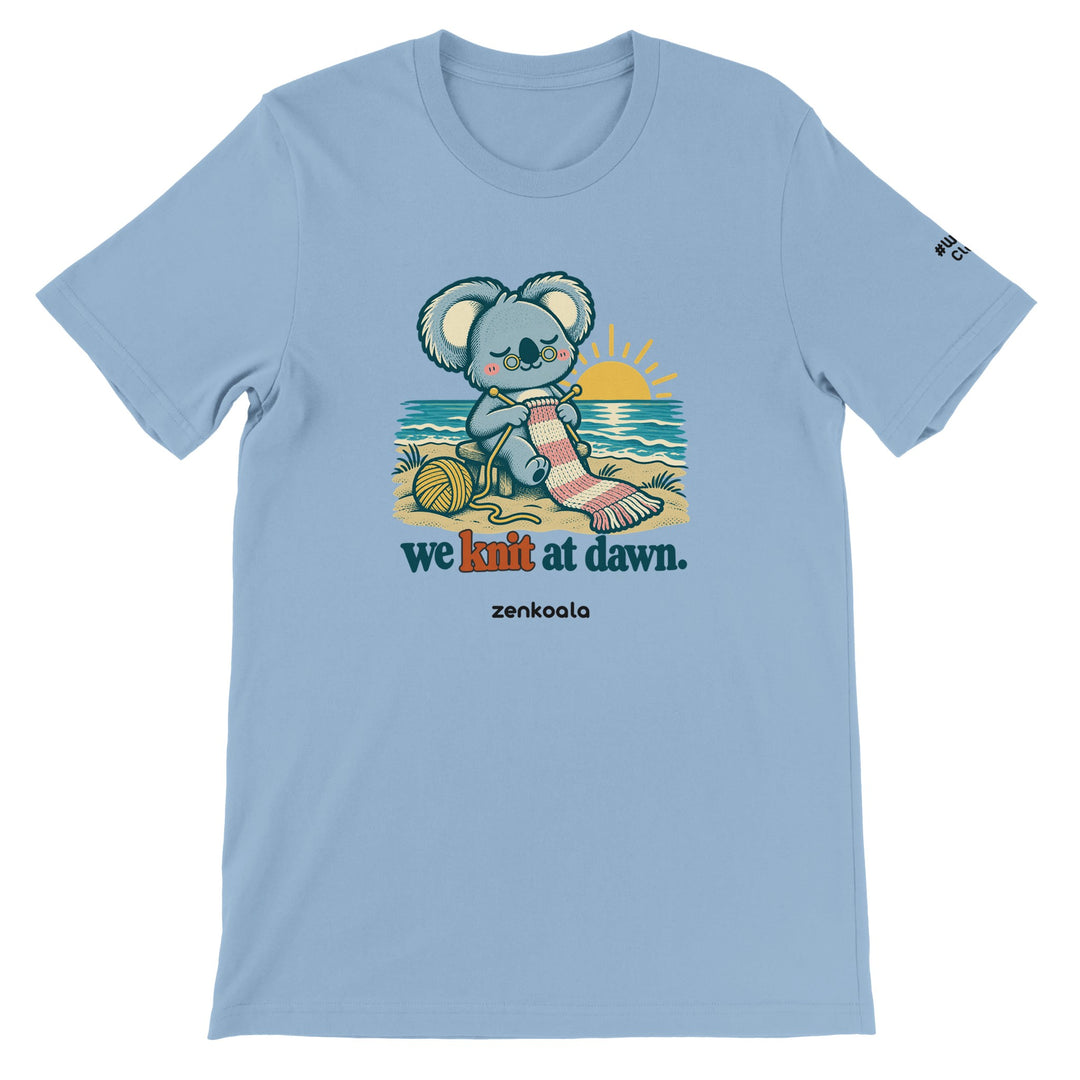 We Knit at Dawn feel-good tee in light blue, Zen Koala Australia
