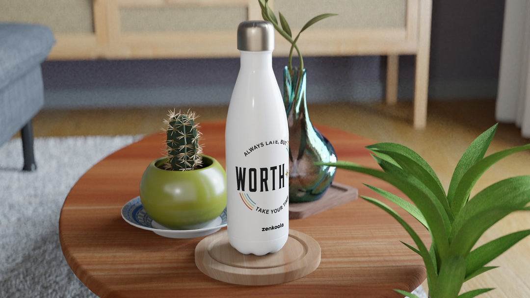 Always Late But Worth It water bottle on a wooden table with a cactus, Zen Koala Australia