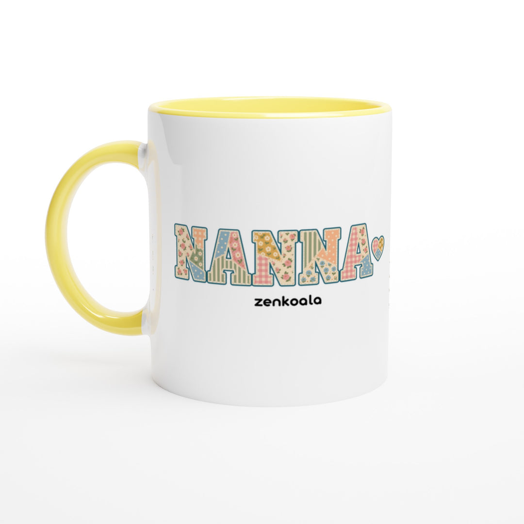 Nanna Faux Patchwork mug in yellow: white with a yellow rim, inside and handle, Zen Koala Australia