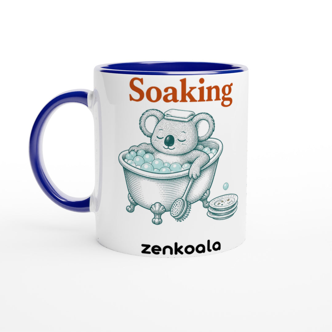 Soaking Koala Bath mug in blue: white with a blue rim, inside and handle, Zen Koala Australia
