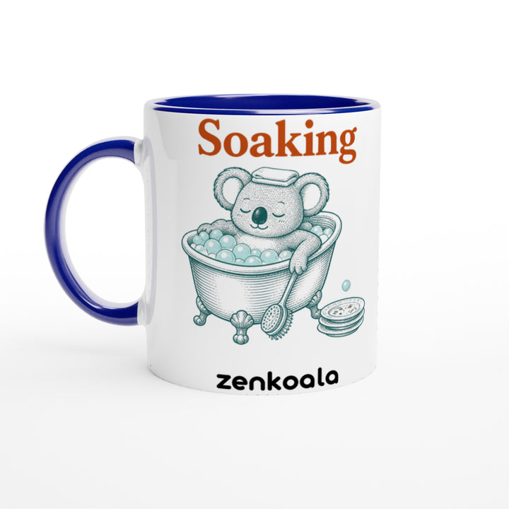 Soaking Koala Bath mug in blue: white with a blue rim, inside and handle, Zen Koala Australia