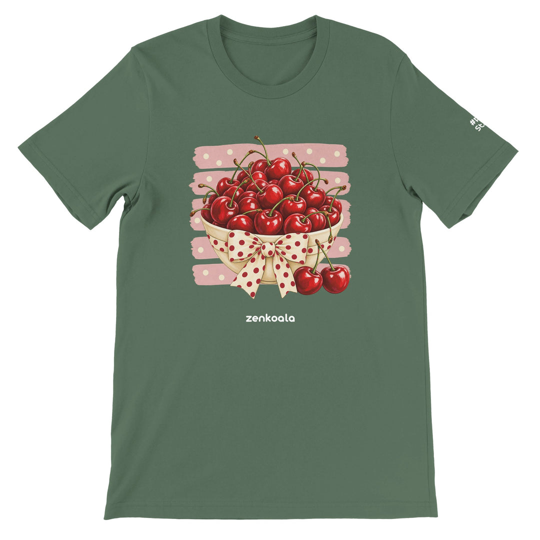 Cherries feel-good tee in military green: a bowl of cherries with a bow, Zen Koala Australia
