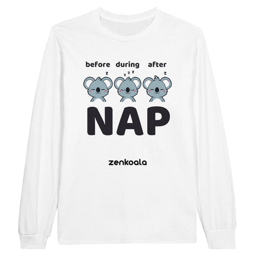 Before Nap Nap After Nap Koala long sleeve tee in white — Zen Koala Australia