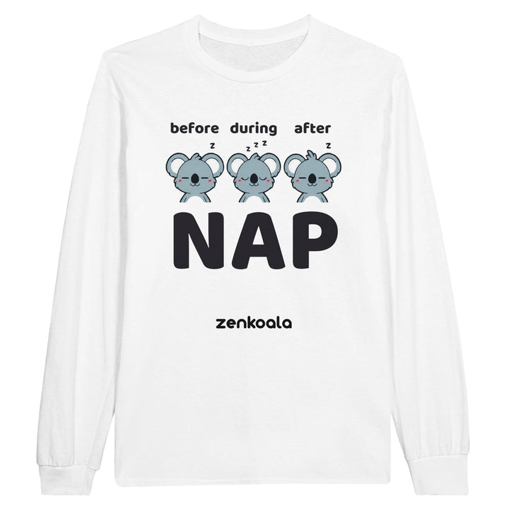 Before Nap Nap After Nap Koala long sleeve tee in white — Zen Koala Australia