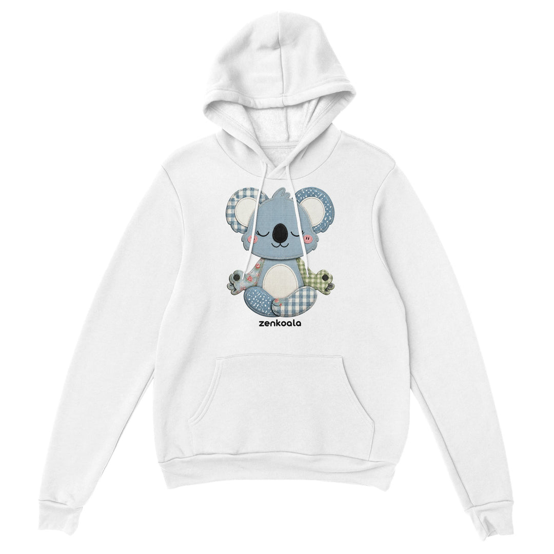 Faux Patchwork Meditating Koala feel-good hoodie in white, Zen Koala Australia
