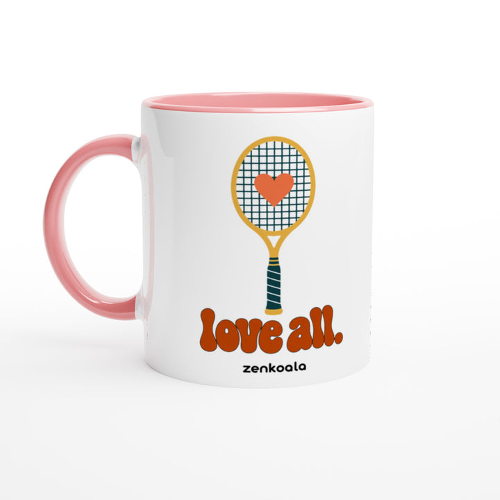 Love All mug in pink: white with a pink rim, inside and handle, Zen Koala Australia
