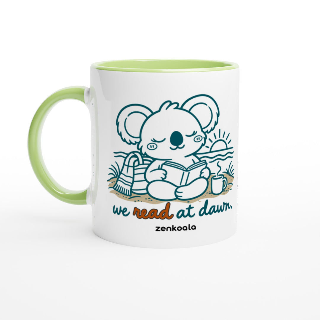 We Read at Dawn mug in green: white with a green rim, inside and handle, Zen Koala Australia