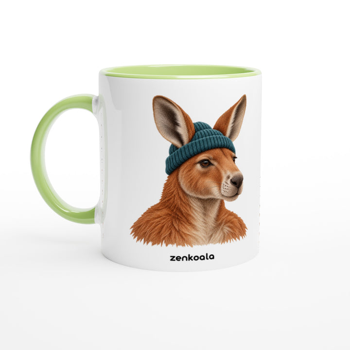 Kangaroo Beanie mug in green: white with a green rim, inside and handle, Zen Koala Australia