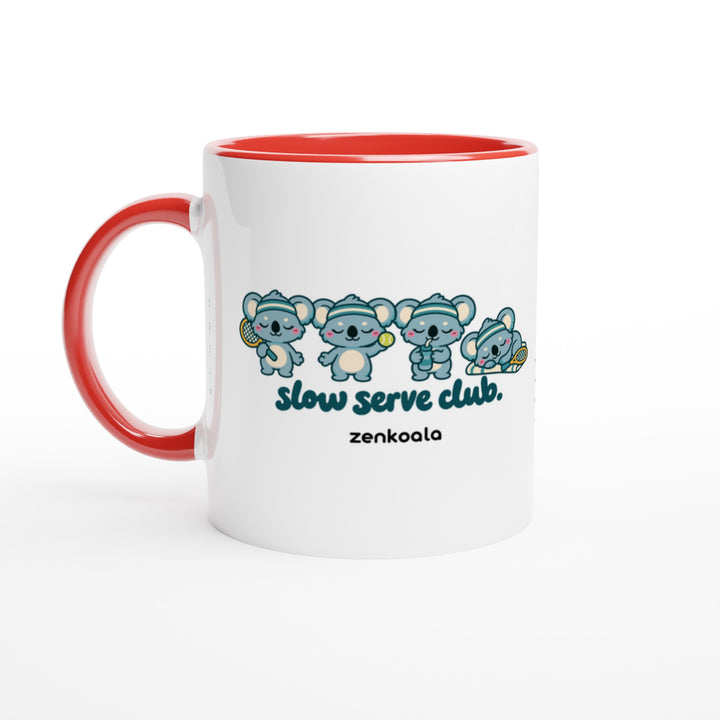 Slow Serve Club mug in red: white with a red rim, inside and handle, Zen Koala Australia