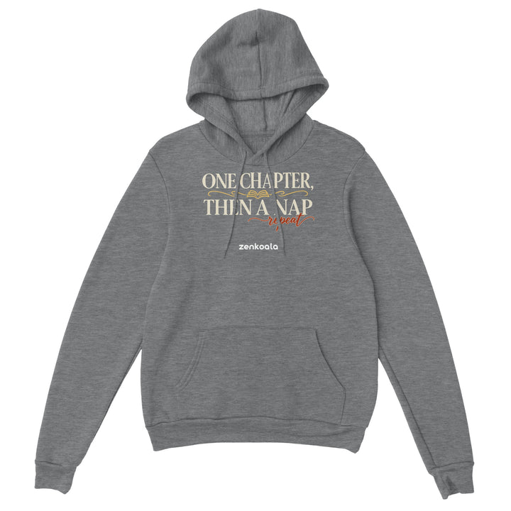 One Chapter Then a Nap feel-good hoodie in sport grey: classic book lettering with an open book, Zen Koala Australia
