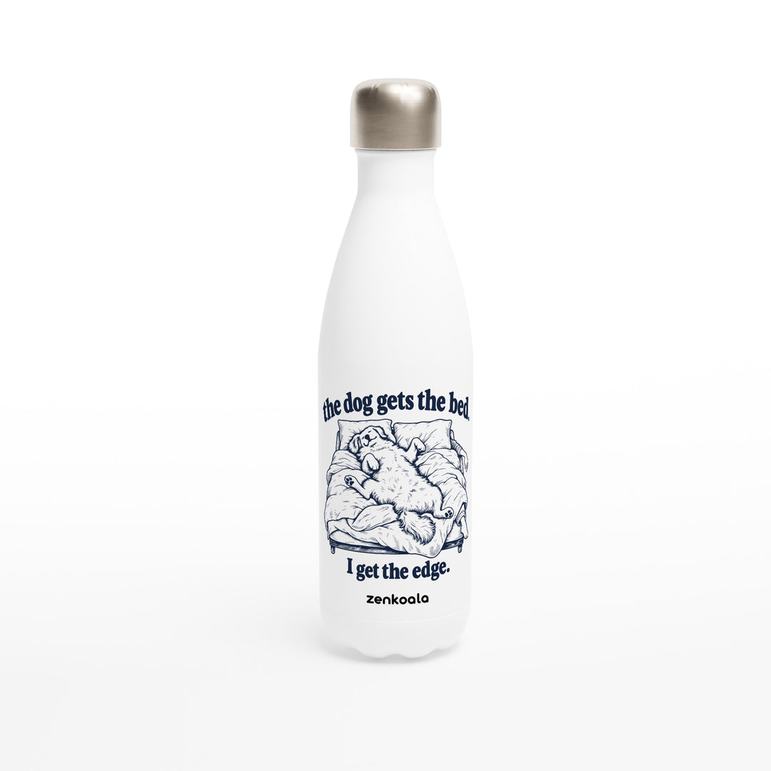 The Dog Gets the Bed feel-good water bottle: a dog sprawled across the whole bed, Zen Koala Australia