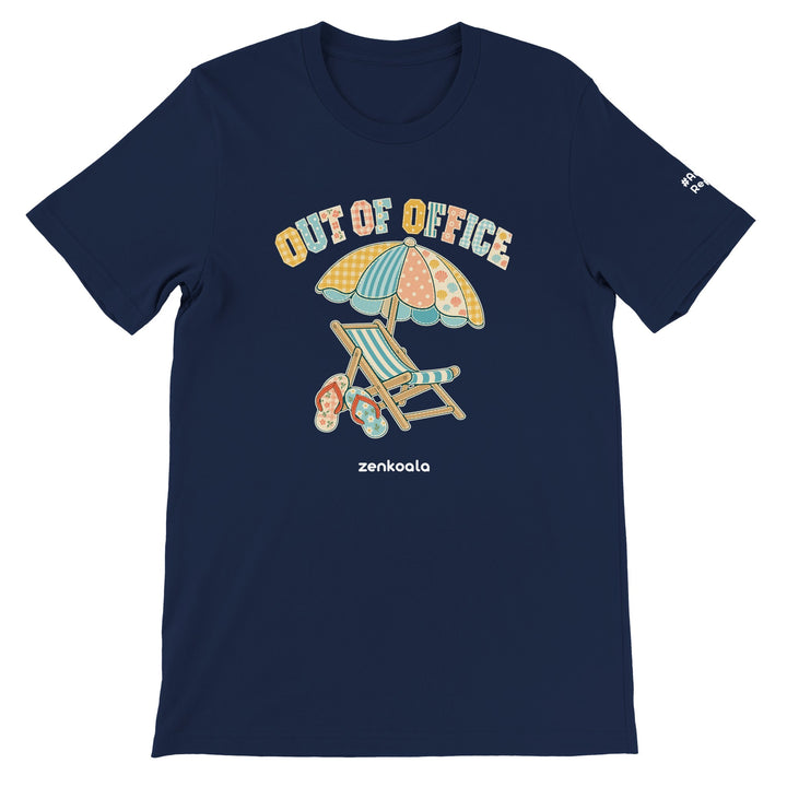 Out of Office Beach feel-good tee in navy: a faux patchwork beach chair and umbrella, Zen Koala Australia