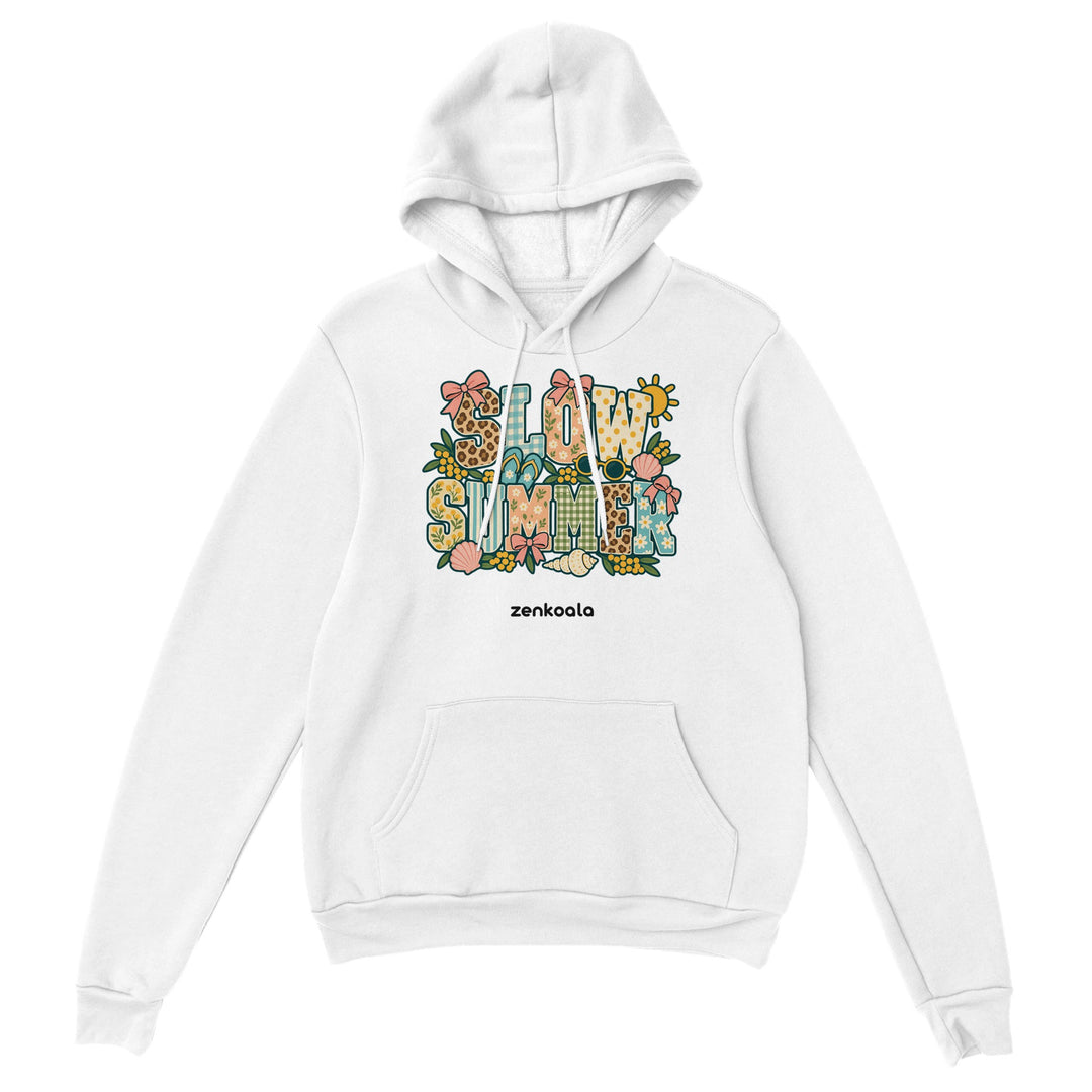 Slow Summer feel-good hoodie in white, Zen Koala Australia