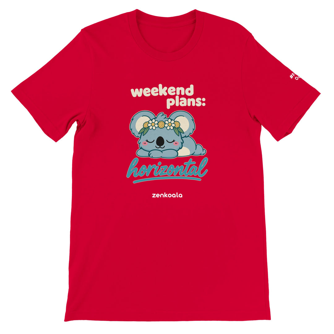 Weekend Plans Horizontal Koala feel-good tee in red, Zen Koala Australia