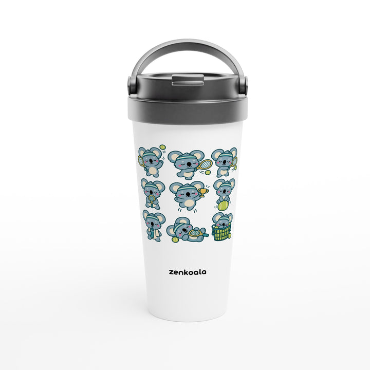 Tennis Koalas feel-good travel mug: nine koalas playing tennis, Zen Koala Australia