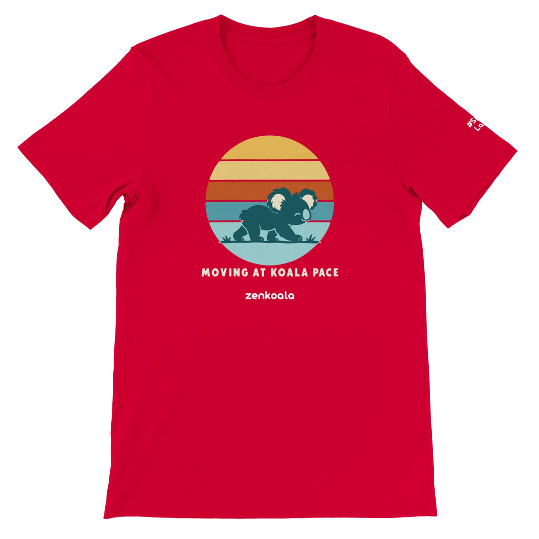 Moving at Koala Pace feel-good tee in red, Zen Koala Australia