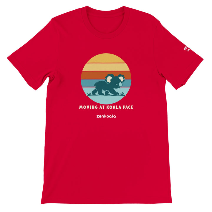 Moving at Koala Pace feel-good tee in red, Zen Koala Australia