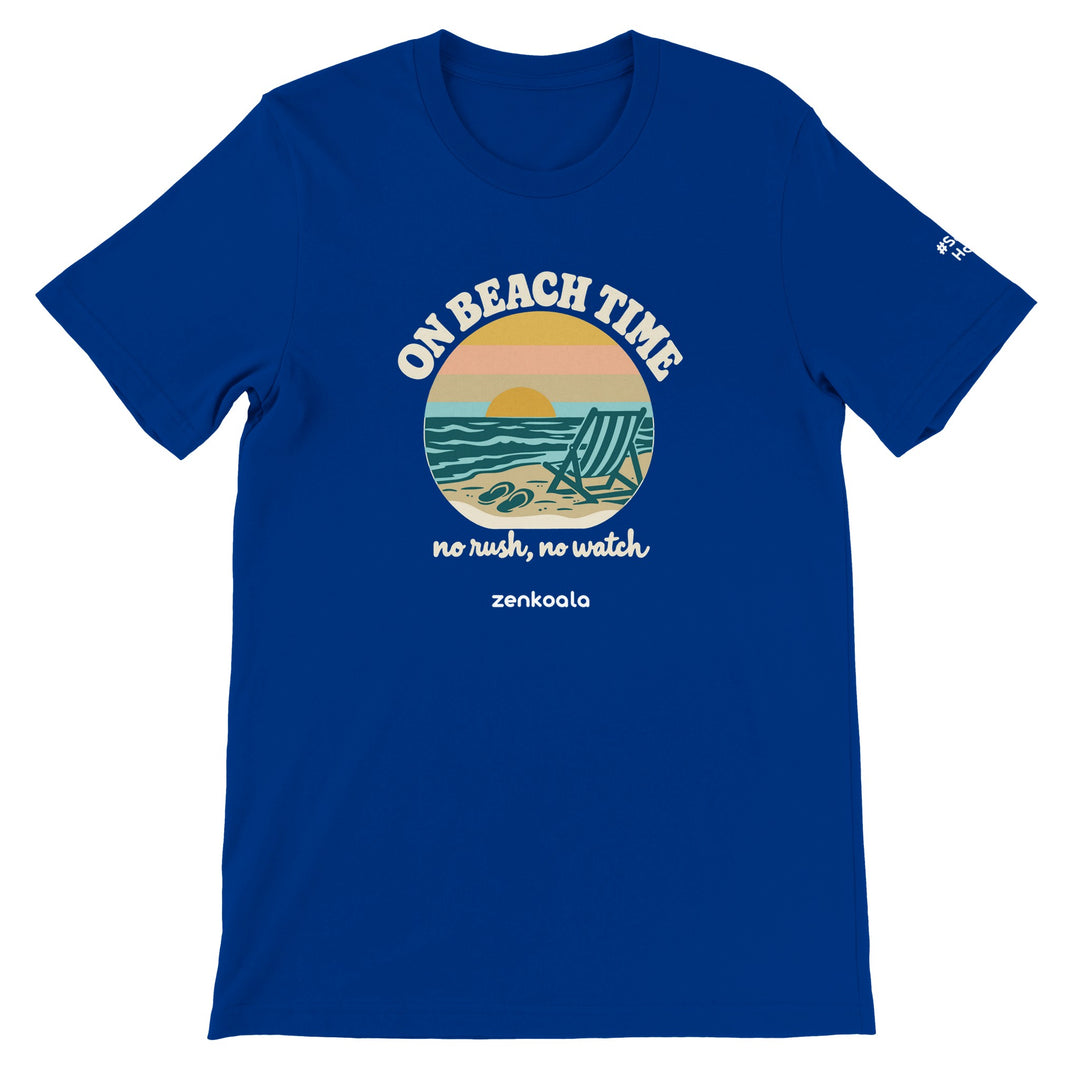On Beach Time feel-good tee in true royal: a retro sunset beach with a deckchair, Zen Koala Australia