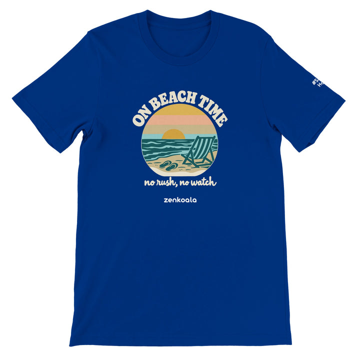 On Beach Time feel-good tee in true royal: a retro sunset beach with a deckchair, Zen Koala Australia