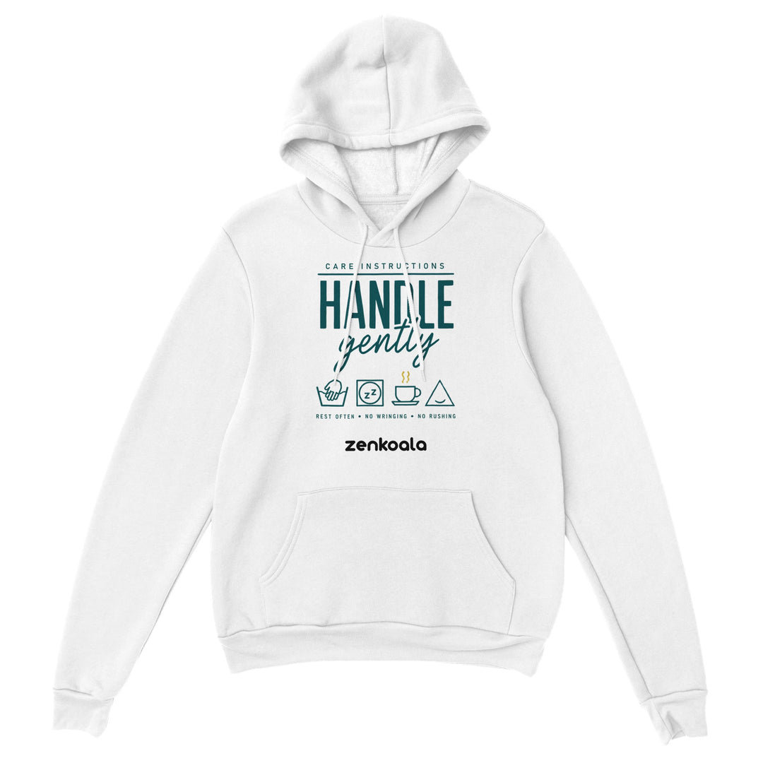 Handle Gently Care Instructions feel-good hoodie in White — Zen Koala Australia