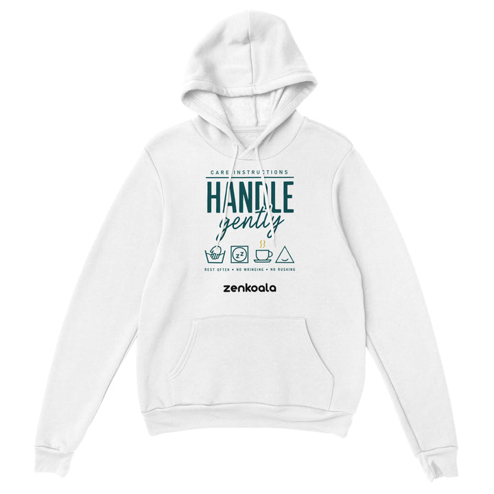 Handle Gently Care Instructions feel-good hoodie in White — Zen Koala Australia